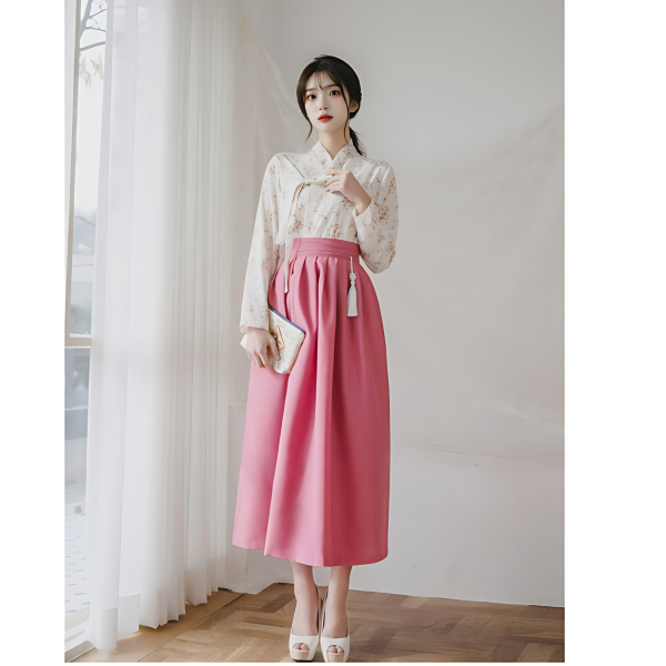 CHU Women's Modern Hanbok Cherry Blossom Ending Jeogori + Naeun Rose Waist Skirt