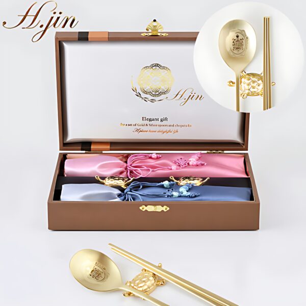 H.jin Turtle Titanium Couple Spoon Set for 2 + Spoon Rest