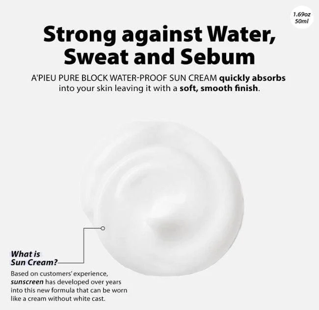 A'PIEU Pure Block Natural Waterproof Sun Cream SPF 50+ PA+++ 50ml - EmpressKorea