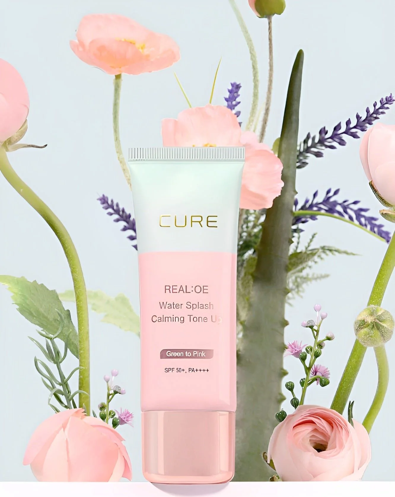 CURE Realoe Water Splash Calming Tone-Up Sun Cream SPF50+ PA++++ 40g Green to Pink - EmpressKorea