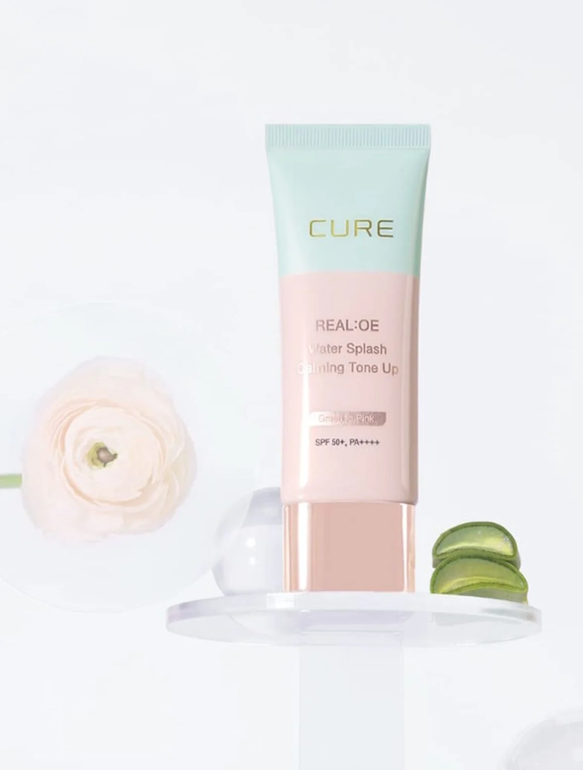 CURE Realoe Water Splash Calming Tone-Up Sun Cream SPF50+ PA++++ 40g Green to Pink - EmpressKorea