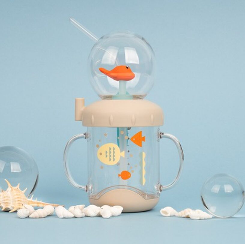 LITTLE CLOUD Infant Water Spouting Fish Handle Straw Cup + Straw Cleaning Brush + Additional Straw Set - EmpressKorea
