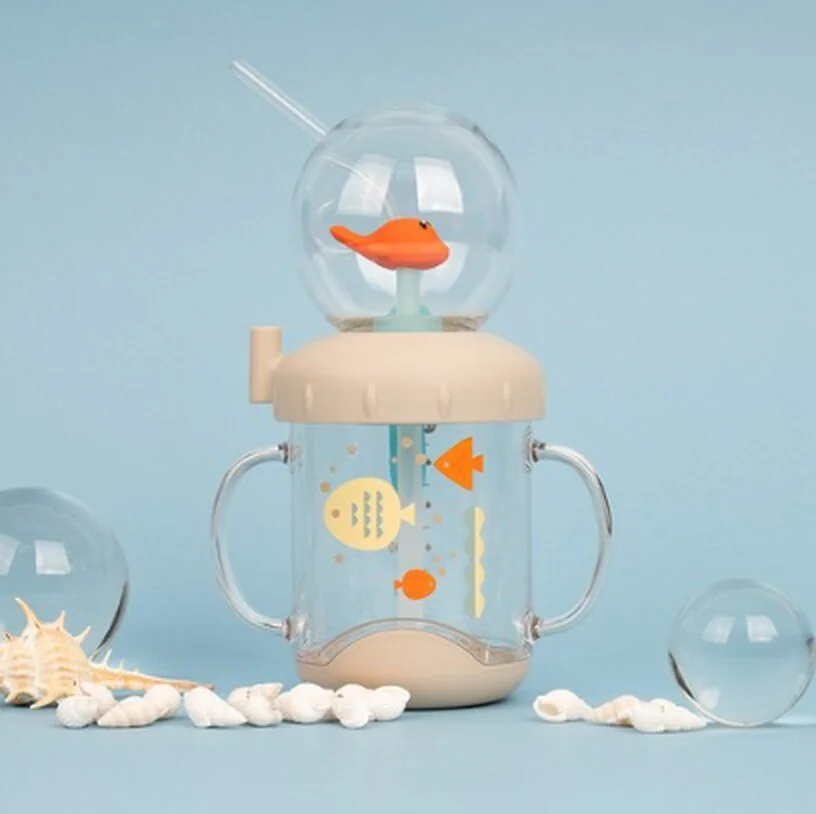LITTLE CLOUD Infant Water Spouting Fish Handle Straw Cup + Straw Cleaning Brush + Additional Straw Set - EmpressKorea