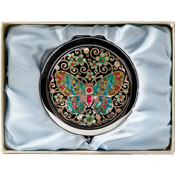 One touch Mother of pearl Hand Mirror - Colored Butterfly made in Korea - EmpressKorea