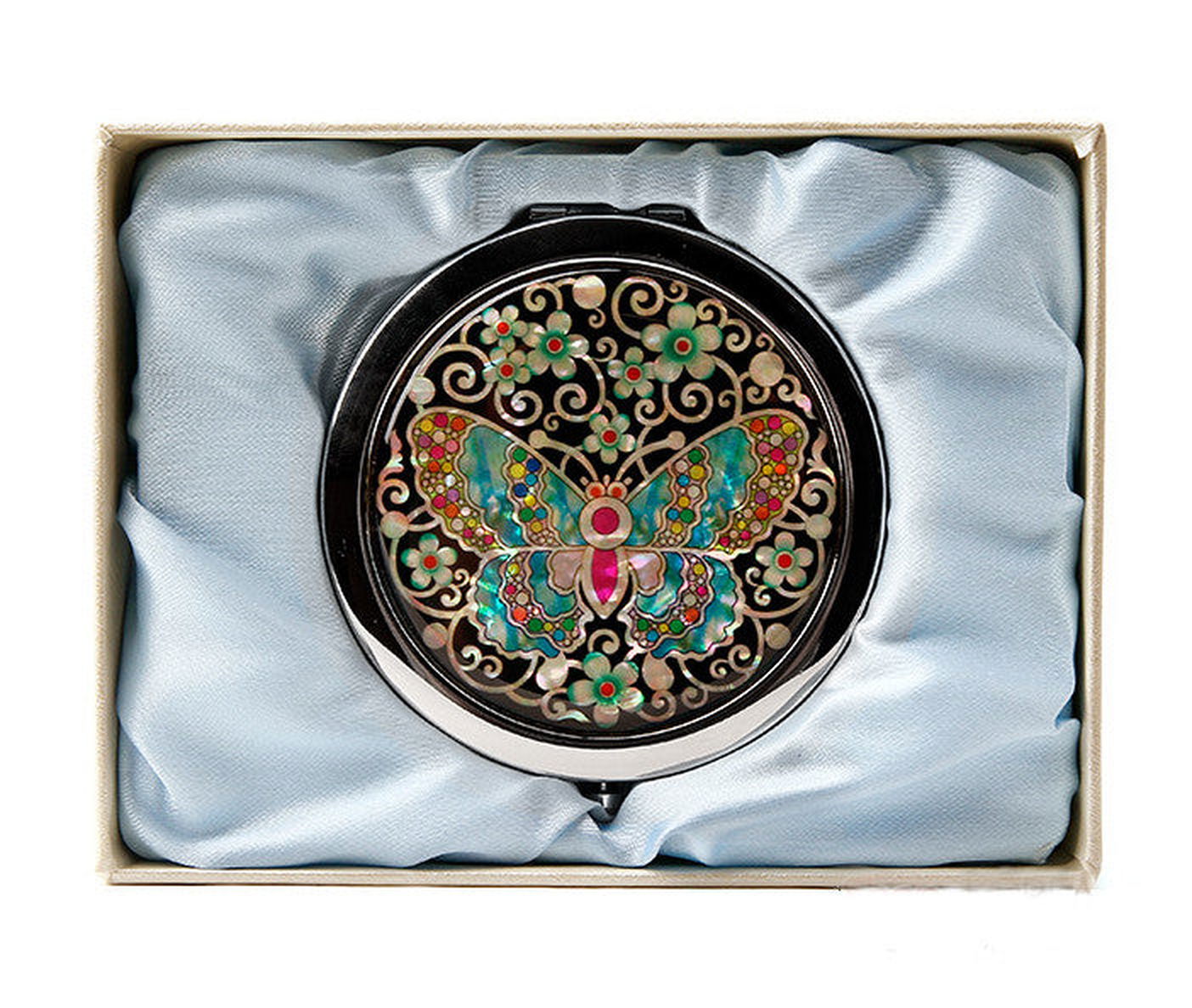 One touch Mother of pearl Hand Mirror - Colored Butterfly made in Korea - EmpressKorea