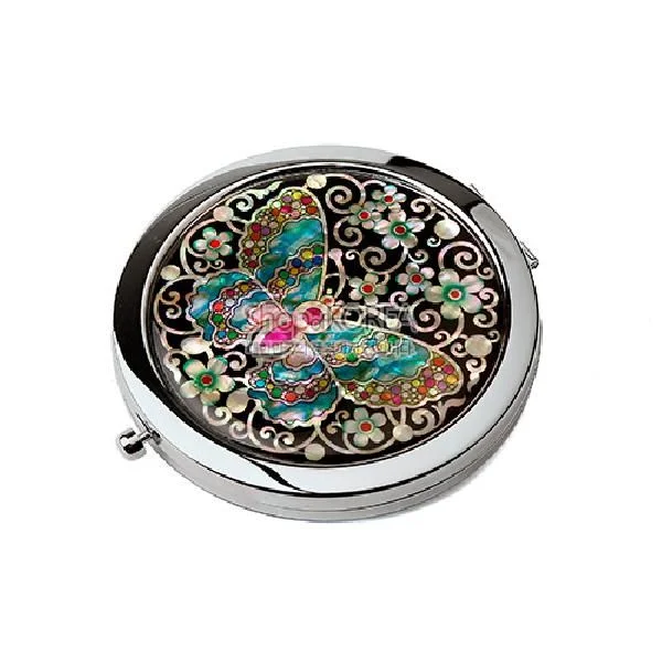 One touch Mother of pearl Hand Mirror - Colored Butterfly made in Korea - EmpressKorea