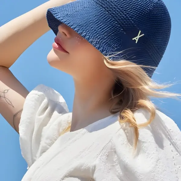 VARZAR Bucket Hat Stud Logo Summer Knit Bucket Hat Navy - EmpressKorea