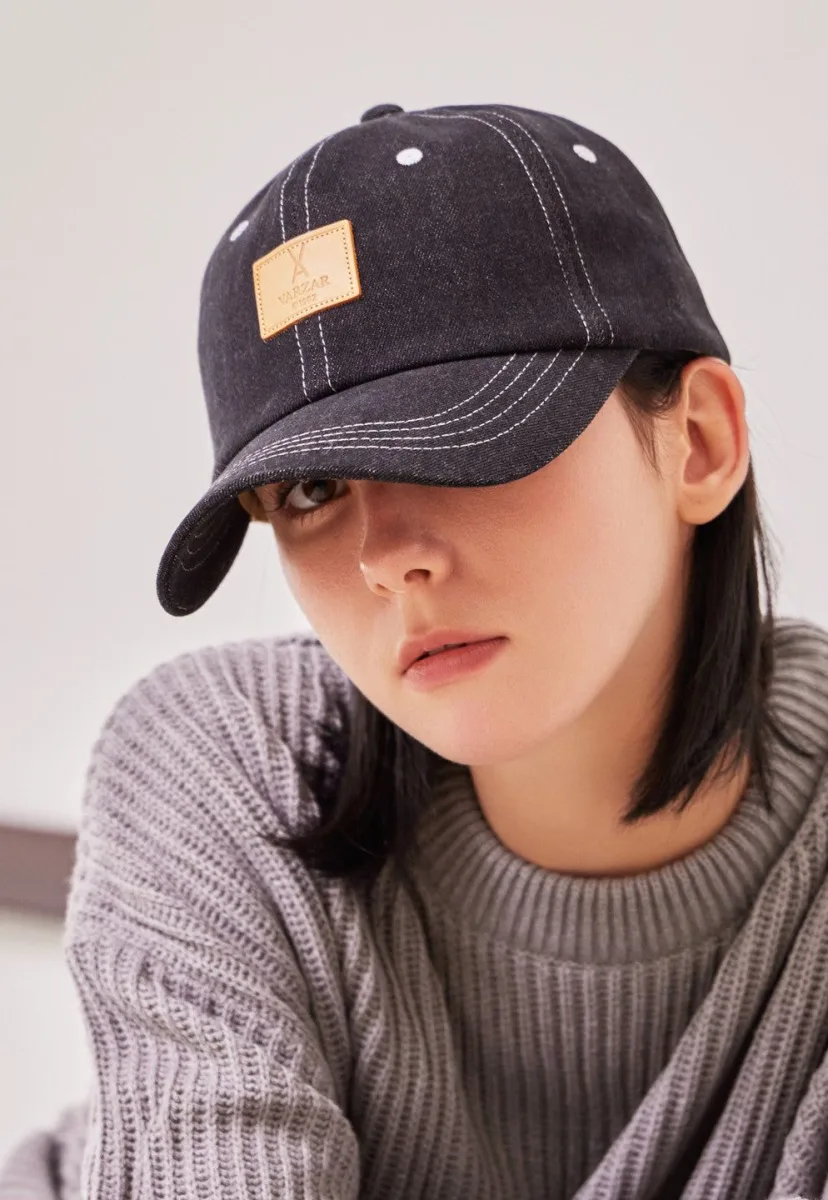 VARZAR VA Square Denim Label Ball Cap Black Blue