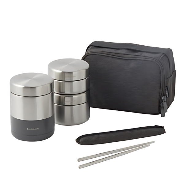 LocknLock Stainless Steel Thermal Gray Lunch Box 450ml + Bag Set