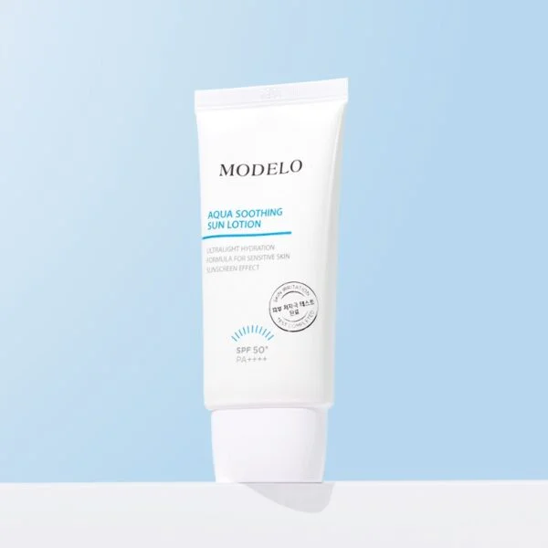 "meta_description": "MODELO Aqua Soothing Sun Lotion offers hydrating sunscreen protection, perfect for sensitive skin.",