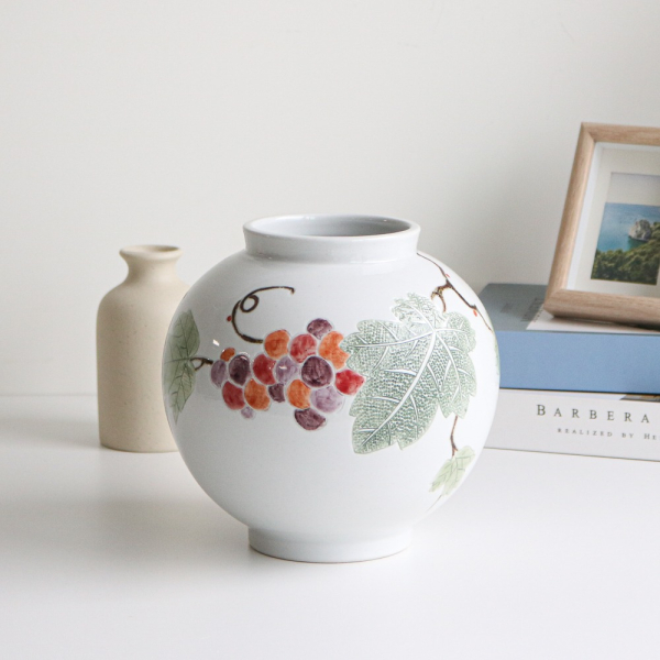 Korean Baekja White Porcelain Jar with Stippled Grape Design