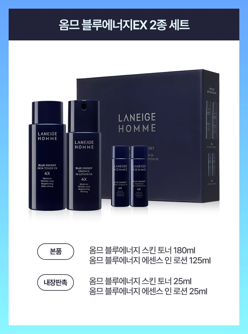 LANEIGE Homme Blue Energy EX 2-Piece Set (Toner 180ml + Lotion 125ml + Miniatures) - Image 3