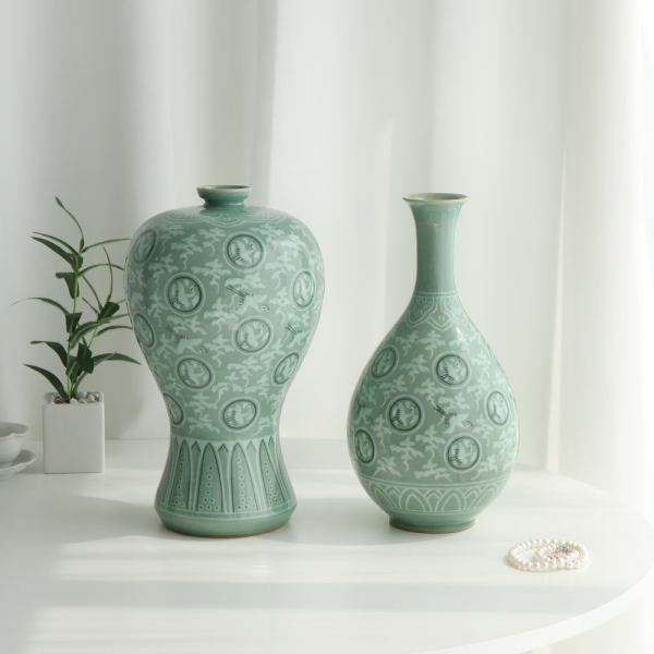Korean Celadon Crane Cloud Plum Vase Set (Medium D, 36cm) - Traditional Sanggam Inlay
