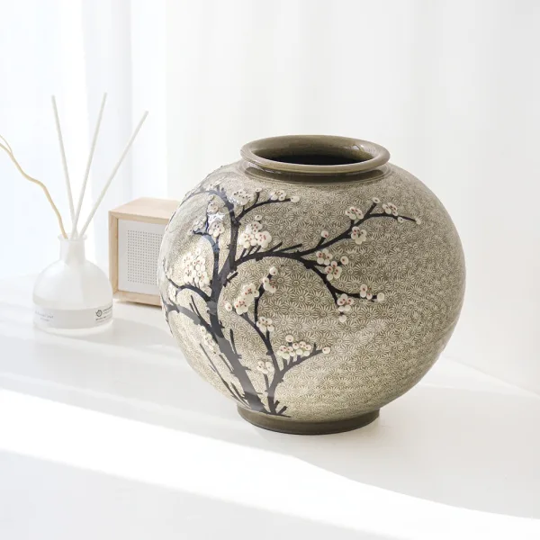 Korean Buncheong Plum Blossom Stamped Pattern Ceramic Jar (Small)