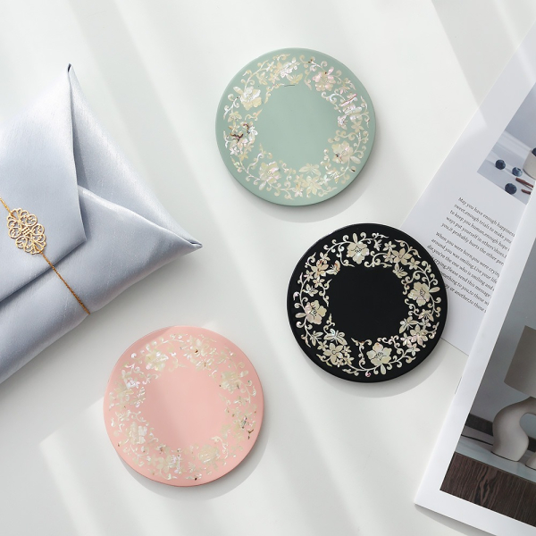 Korean Najeonchilgi Mother of Pearl Round Coaster (Flower Butterfly Arabesque)
