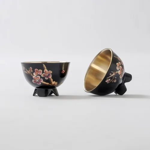 Korean Ottchil Lacquered Yugi Brass Cup Set (2pcs) - Plum Blossom Hand-Painted by Otmidam