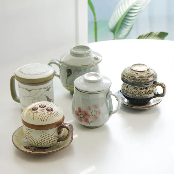Traditional Korean Ceramic Lidded Tea Mug Set for 2