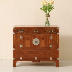 Zelkova Wood Bedside Table Traditional Antique Nightstand Solid Wood Drawer Cabinet Storage Furniture