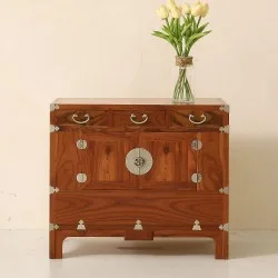 Zelkova Wood Bedside Table Traditional Antique Nightstand Solid Wood Drawer Cabinet Storage Furniture