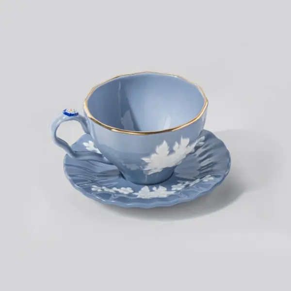Blue Bud Teacup and Saucer Set - Korean Artisan Porcelain