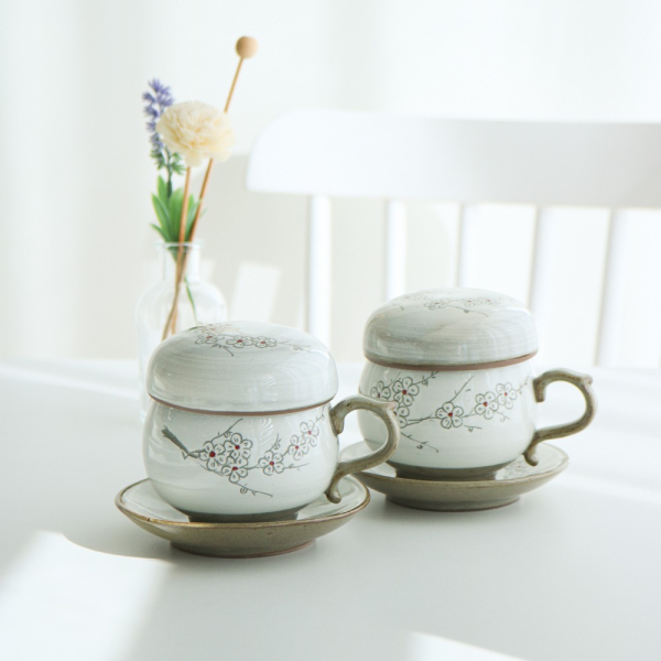Buncheong White Inlay Plum Blossom Tea Cup Set for One