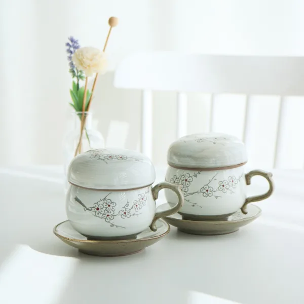 Buncheong White Inlay Plum Blossom Tea Cup Set for One