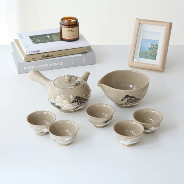 Buncheong Oxidation Tea Set for 5 - Thatched Cottage Snow Landscape by Master Kwon