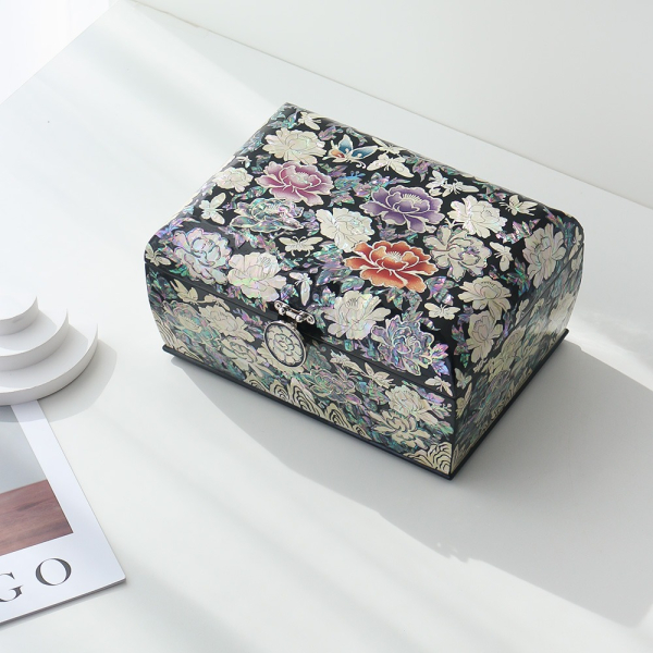Korean Najeonchilgi Mother of Pearl Gorgeous Peony Rolling Jewelry Box 24cm