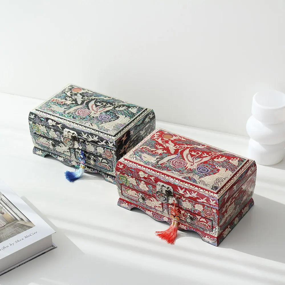 Korean Langjae Najeonchilgi Mother of Pearl Crane Extra Large Drawer Jewelry Box