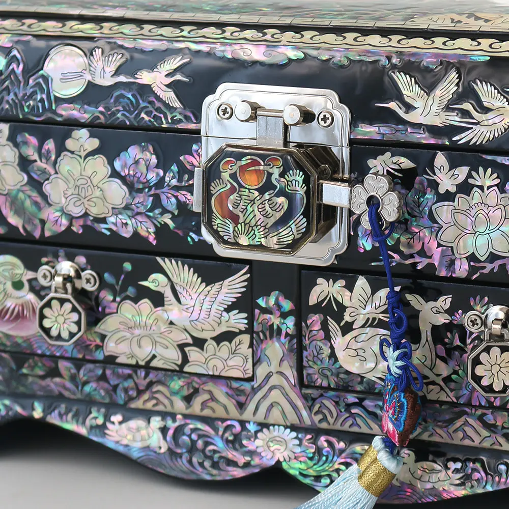 Korean Langjae Najeonchilgi Mother of Pearl Crane Extra Large Drawer Jewelry Box