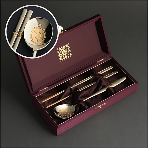 Inspoon Longevity Turtle 24K Gold Plated Spoon and Chopsticks Set for 1 Person