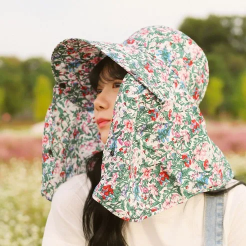 Laping Floral Print Sun Cap Wide Brim UV Protection Farming Gardening Hat (Sun Hat with Neck Flap)