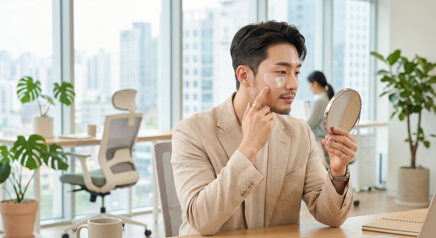 A close-up of a modern man in a sleek Seoul office applying a targeted hydrogel cheek patch, reflecting the 2027 male gr