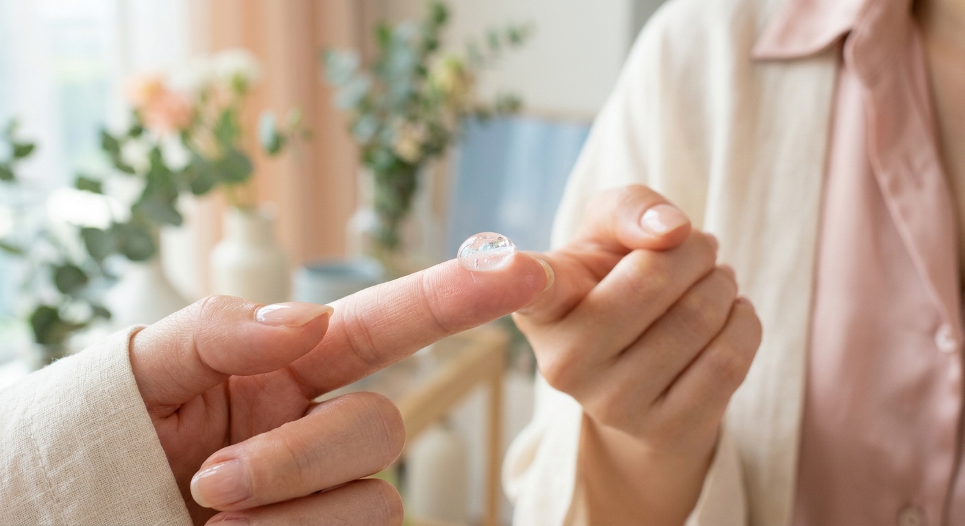 A close-up of a clear serum droplet on a person's fingertip, showing a slight holographic shimmer and a watery, lightwei