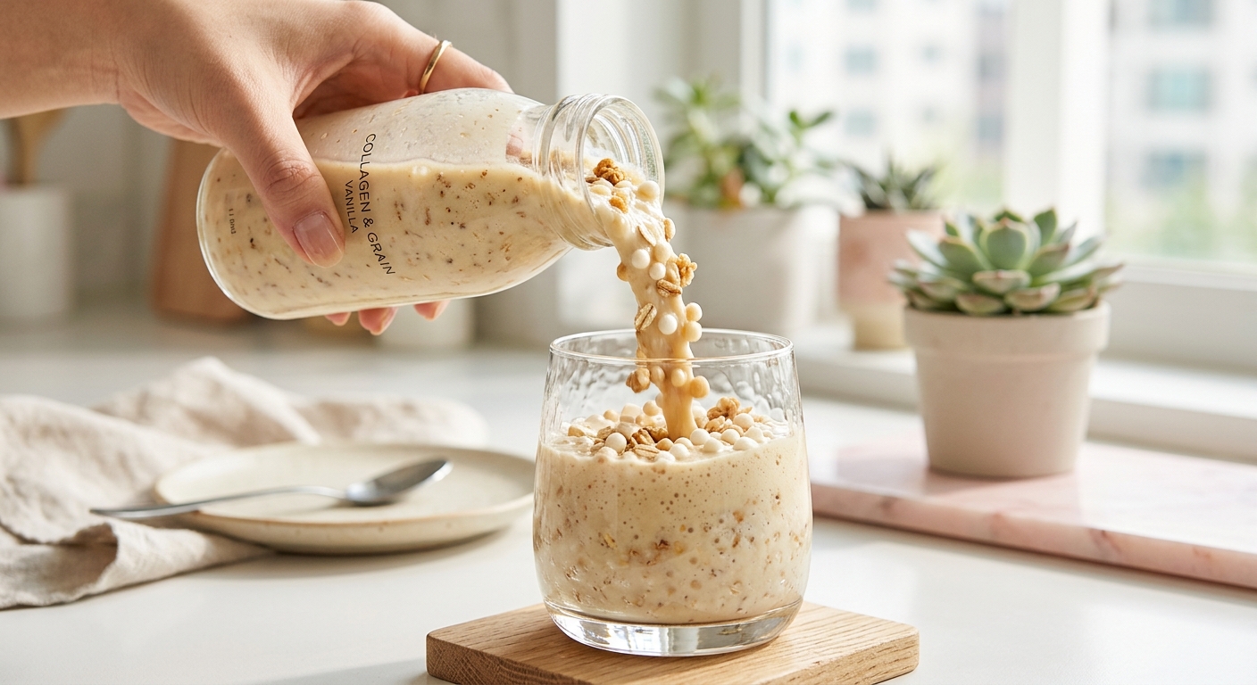 A close-up shot of the protein shake being poured into a glass, showing the rich texture and the visible crunchy topping