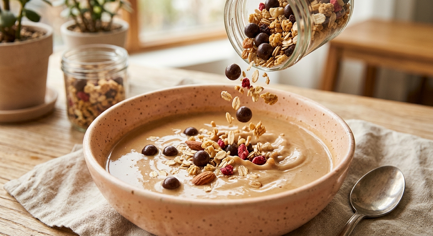 A close-up shot of the various crunchy toppings like protein choco balls and oat flakes being poured into a bowl of thic