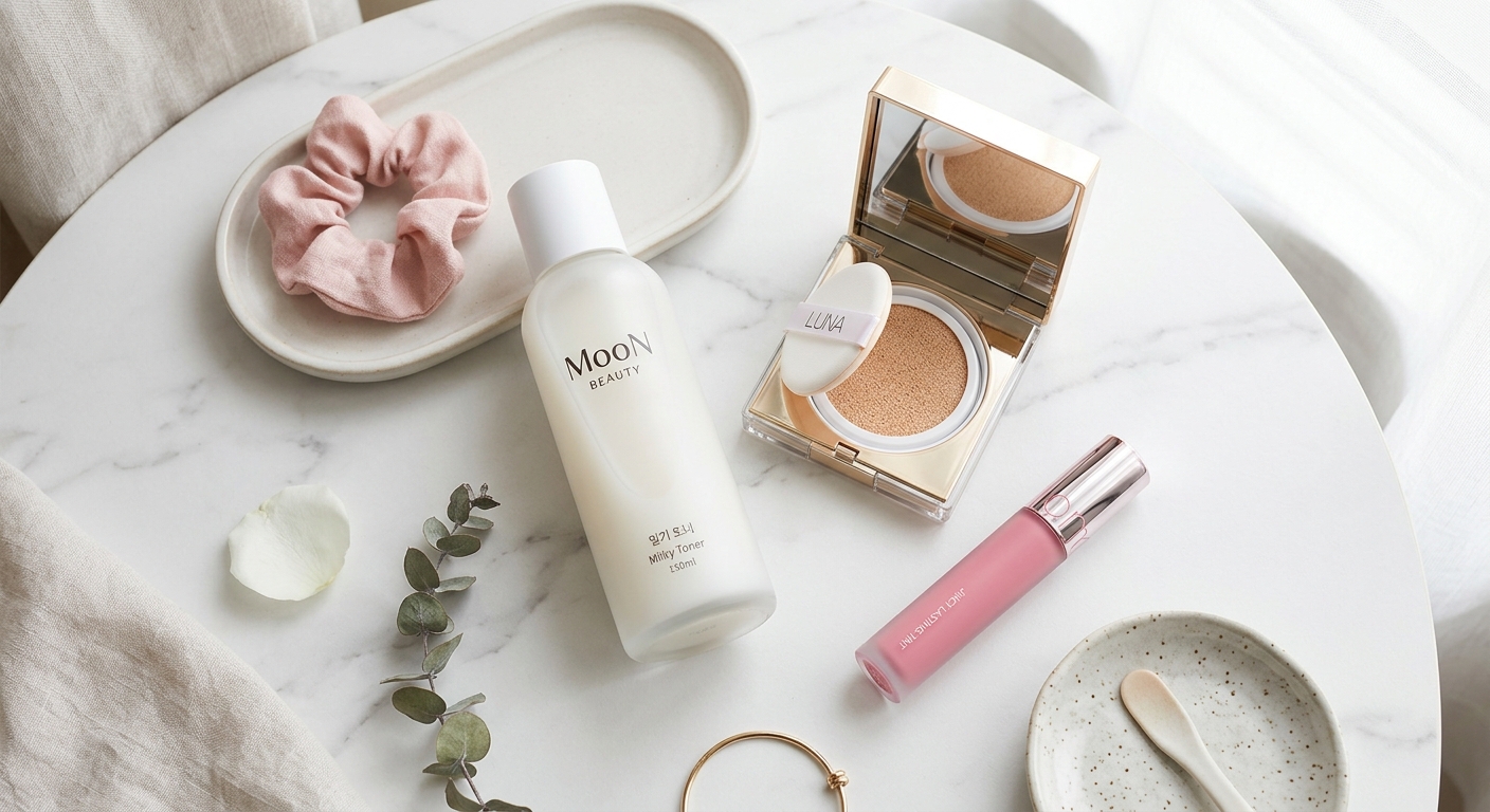 A flat lay of modern K-beauty products including a milky toner, a glass cushion foundation, and a sleek pink lip tint on