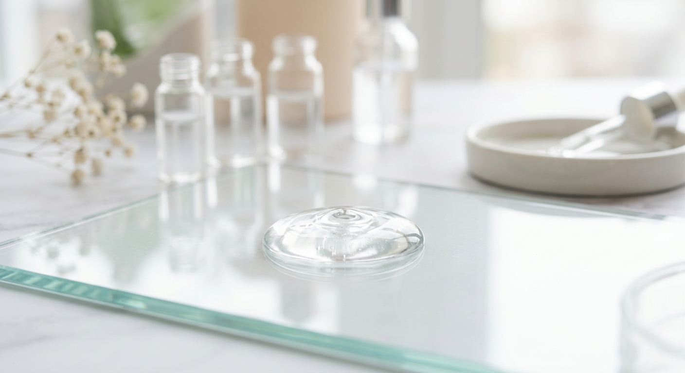 A close-up of a clear, viscous snail mucin drop on a clean glass surface, showing its unique elastic texture and purity 