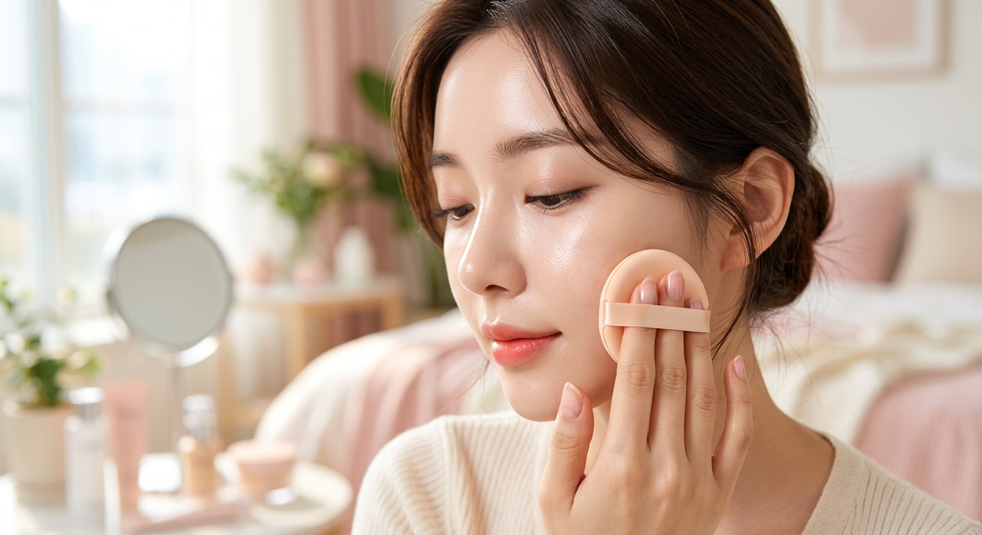 A close-up of a person applying a cushion foundation with a puff, showing a flawless 'butter skin' finish with a subtle,