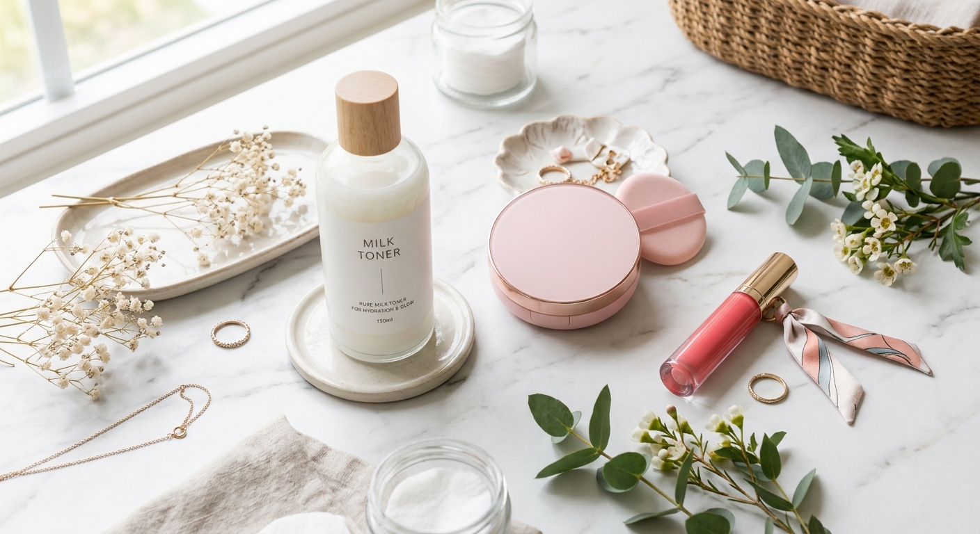 A flat lay of modern K-beauty products including a milk toner, a sleek pink cushion foundation, and a glass-like lip tin
