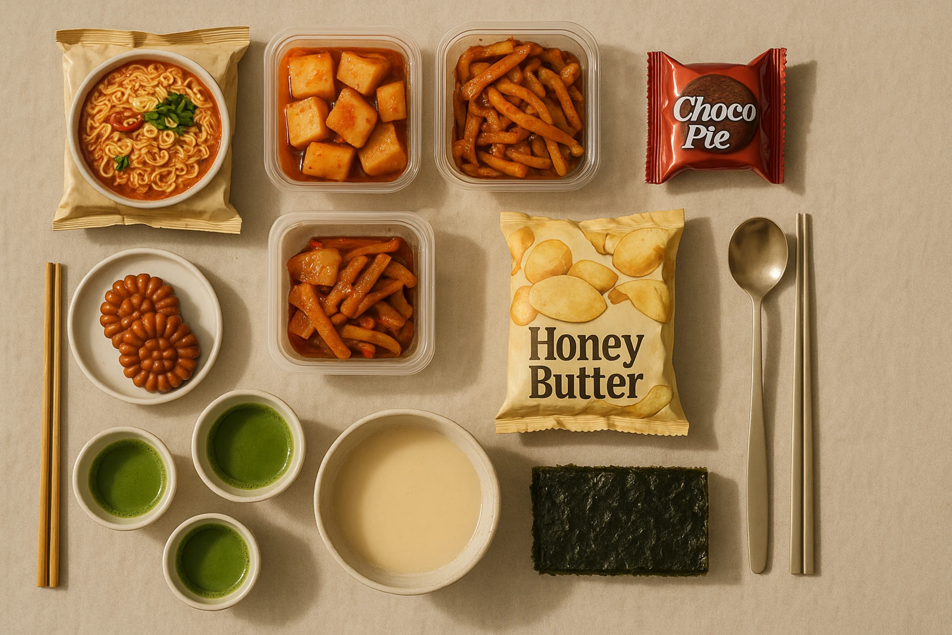 Korean lifestyle products flat lay — ramen, banchan, snacks, tea, chopsticks