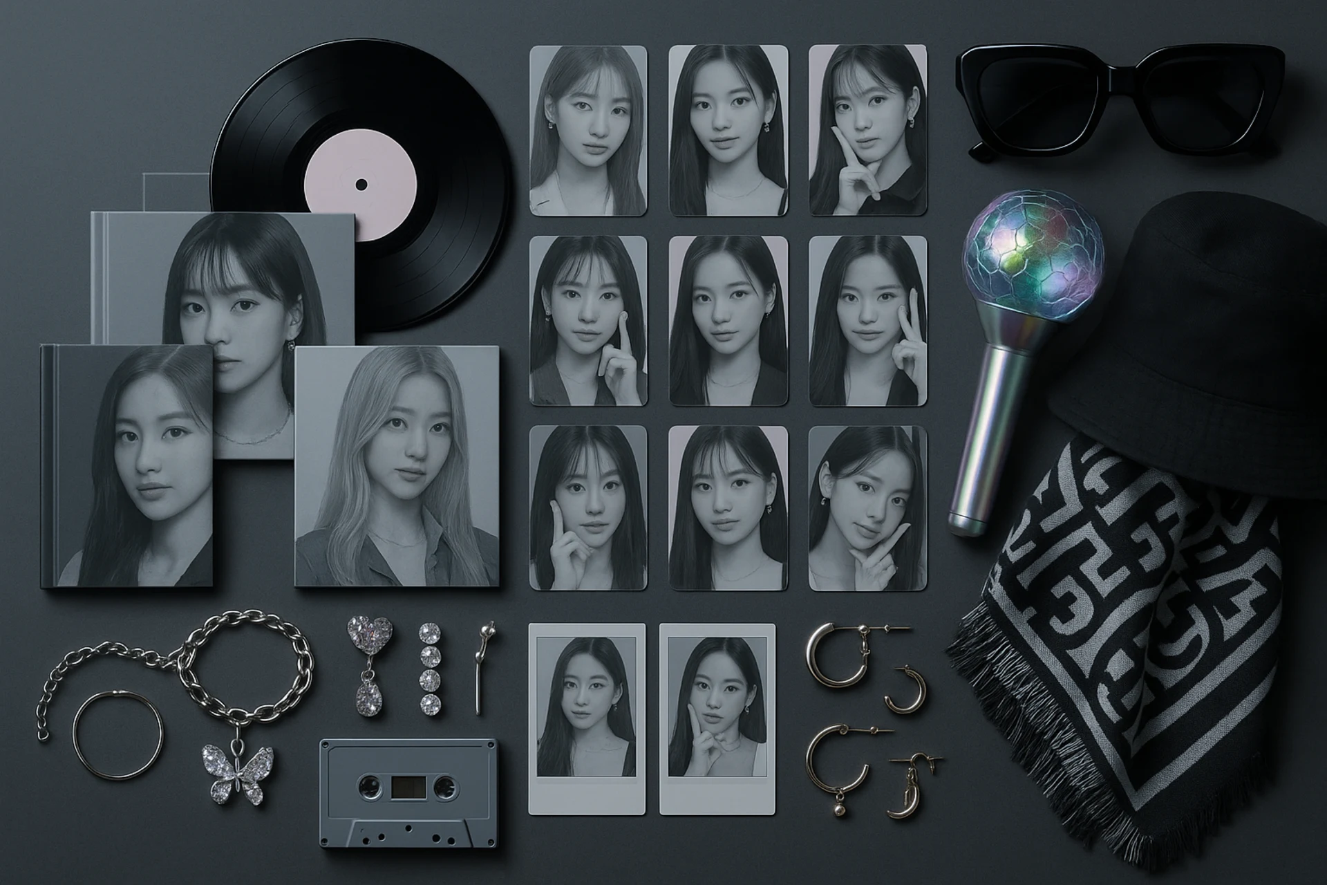 K-POP albums, photocards, lightstick, Korean fashion accessories flat lay
