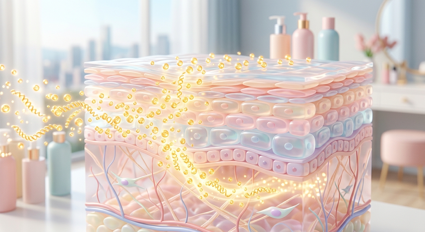 A close-up scientific visualization of tiny, glowing golden peptides penetrating through a stylized skin barrier to show