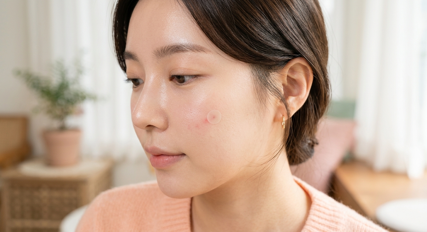 A close-up of a person's cheek with a nearly invisible, ultra-thin hydrocolloid acne patch applied to a small blemish, d