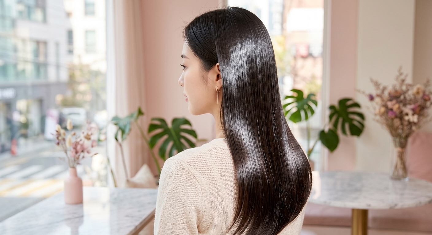 A close-up of a woman's hair with a liquid-like, reflective shine, illustrating the 2026 glass hair trend.