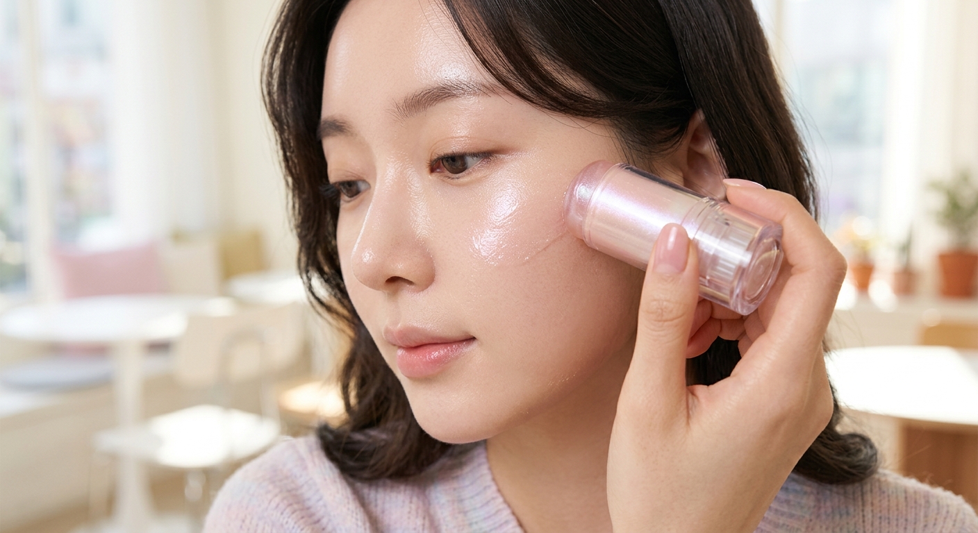 A close-up of a jelly-textured shimmer stick being applied to a cheekbone, showing the moist, iridescent glow and the so