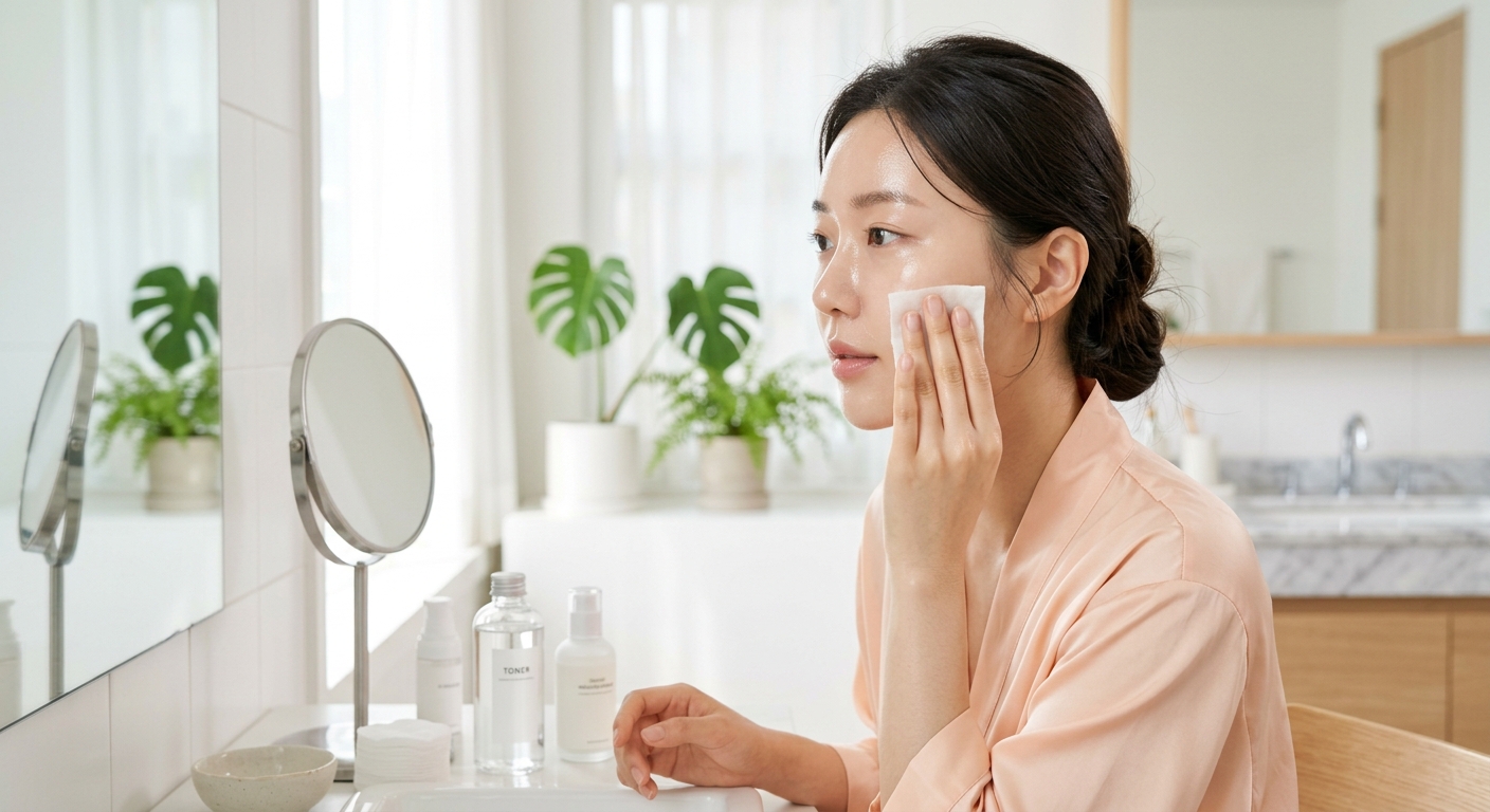 A close-up of a person with glowing glass skin applying a clear watery toner using a soft cotton pad in a bright modern 