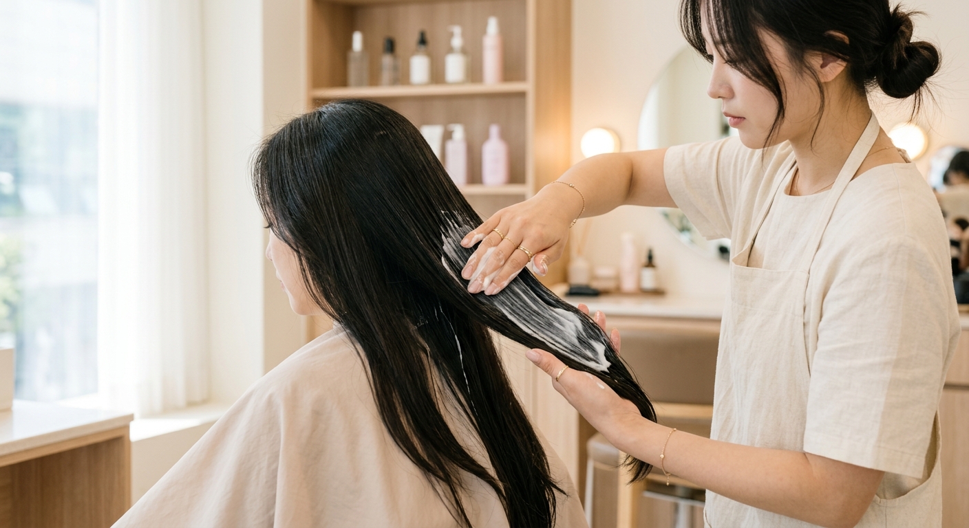 A close-up of a professional stylist's hands applying a creamy hair mask to a client's long, dark, silky hair in a moder