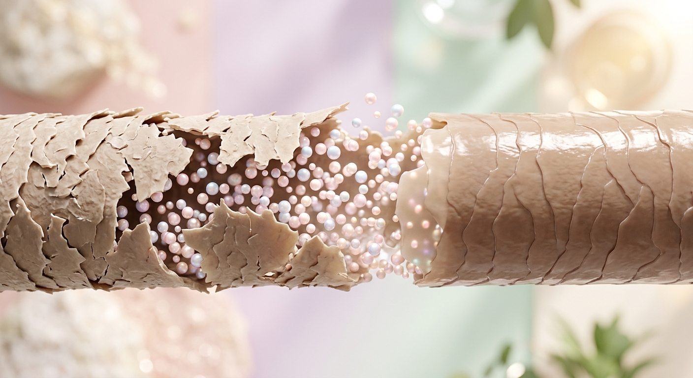 A microscopic-style visualization showing small protein molecules (LPP) penetrating a damaged hair cuticle to fill in ga