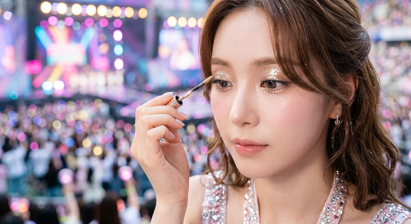 A close-up of a person applying a liquid metallic eyeshadow with a soft-focus 'Idol Blur' skin finish, reflecting the vi